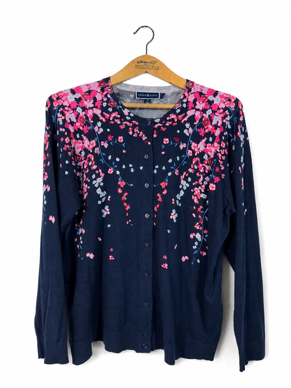 Karen Scott Cotton Blend Navy Floral Knit Cardigan Sweater Plus Size 1X Office
